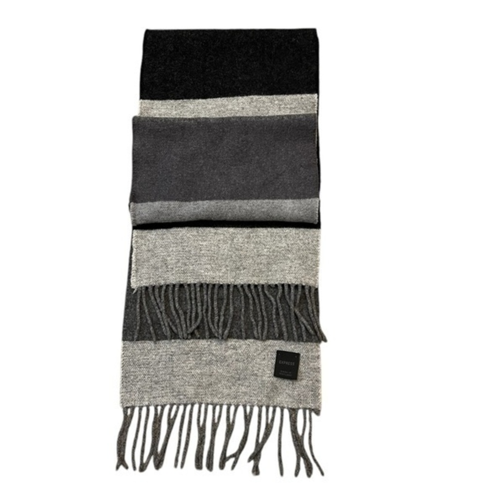 EXPRESS Plush Wool & Cashmere Striped Scarf, grays & black